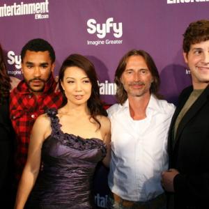 The cast of Stargate Universe (l-r): Brian J. Smith, Elyse Levesque, Jamil Walker Smith, Ming-Na, Robert Carlyle, David Blue, and Alaina Huffman
