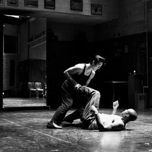 Emmanuel Brown rehearses with Cole Horibe before a performance of KUNG FU at the Signature Theatre
