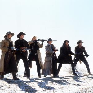 Still of Charlie Sheen Emilio Estevez Kiefer Sutherland and Lou Diamond Phillips in Young Guns 1988