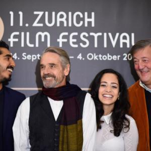 Dev Patel Jeremy Irons Devika Bhise and Stephen Fry at the press conference for The Man Who Knew Infinity at the Zurich Film Festival