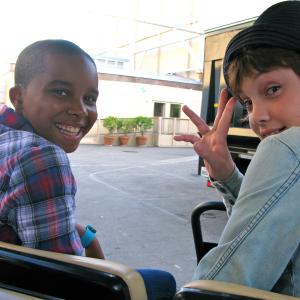 kai caster and donis leonard jr. on the set of house of lies