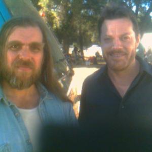 Mike Cochrane and Eddie Izzard on the set of The Riches