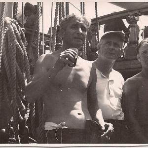 Martin O'Connor with two crew members on Billy Budd.