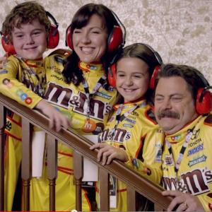 Ava and Nick Offerman on the set of NASCAR for NBC Sports