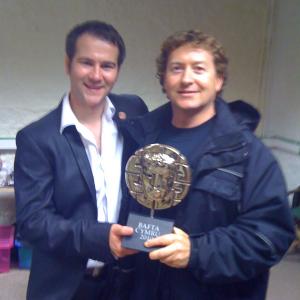on set for 'The Reverend' with actor Stuart Brennan after he won bafta for his role in Risen.