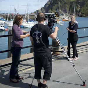 Shooting interviews for Boat Stories with Jo Stewart-Smith and Claire form S&P fish shop in Ilfracombe harbour