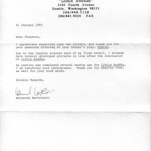 Letter of Consideration from BERNARDO BERTOLUCCI film director