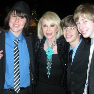 Joan Rivers with Joey Luthman and Brandon Tyler Russell at the QVC Oscar Party in March 2011