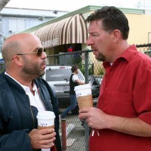 Script talk and coffee time for Lee Arenberg and Rob sidewalk Beverly Hills
