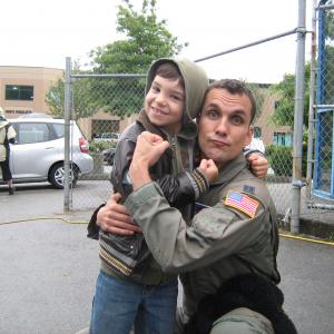 Michael as Parker with dad actor Sean Bell on the set of Storm SeekersHurricane Hunters
