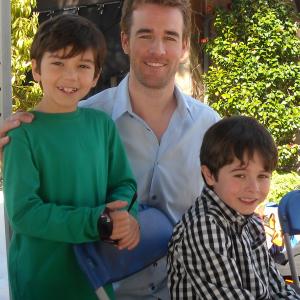 Michael as Judd Webster left with dad James Van Der Beek and twin brother Valin on the set of Mrs Miracle