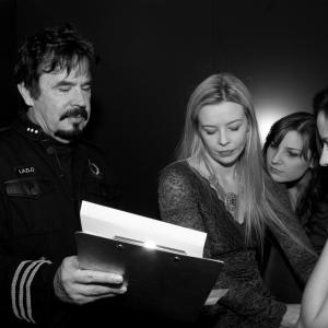 Paul Day with actresses Abigail Jayne, Tahlia Ponting and Kate Gardener on set during the filming of Beyond Redemption: Space Captain in 2013