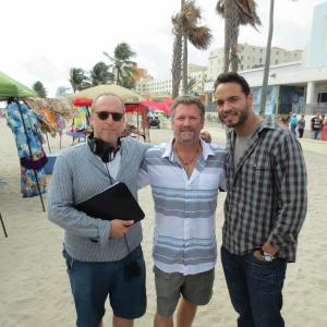 Tony Senzamici on the set of the USA network show Graceland with director Russell Fine and Daniel Sunjata