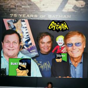 Pierre Patrick at 75 Years of BATMAN wall at Warner Brothers Studios and classic Batman Adam West  Robins Burt Ward with Pierre Patrick
