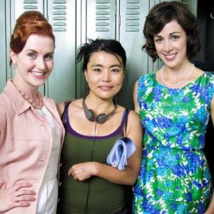 Autumn Withers and Minna Brighton with director Mako Kamitsuna on set of She Who Excels in Solitude