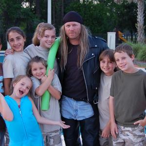 Tony Senzamici with Brianna Ward and her fellow cast members on the set of The Adventure Scouts 2007