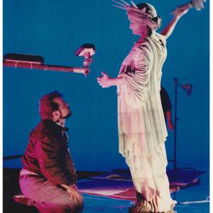 Ghostbusters 2 (1989) Blue screen. ILM main stage. Jim Fye as Liberty prepares to smash the museum dome.