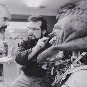 Ghostbusters 2 (1989) ILM Creature Shop. Mark Siegel, Tim Lawrence and Slimer (set up on Robin Selby's life-cast). We're talking about where to re-glue the lip attachments before inner-lip appliances go in.