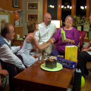 Scene from the web sitcom TWO DOORS DOWN - (from L to R) Jaden Montgomery, Bill McKinley, Amber Mikesell, Robert A. Foor, Mary Jo Apisa and Sarah J. Storer.