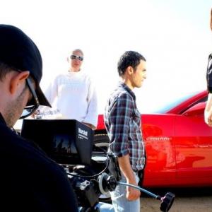 DP Jacob Swanson actors Joseph Eid and Joni Kempner on set of Camaro spot