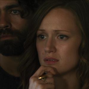 Still of Adrian Grenier and Kerry Bishé in Goodbye World (2013)