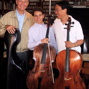 Juan-Salvador Carrasco between Mexico's foremost cellist, Carlos Prieto (left), and the world's most famous cellist, Yo-Yo Ma (right).