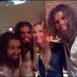 Jennifer Keller on set with the Gieco Cavemen in 