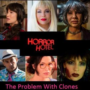 Baby Norman playing clones Georgia Paris Teresa Caroline and Elizabeth along with RC Sayyah in the episode The Problem with Clones from the web series Horror Hotel