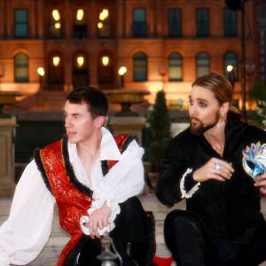Still of Matt Wiggins as Mercutio with fellow cast member during a live production of William Shakespeare's Romeo & Juliet.