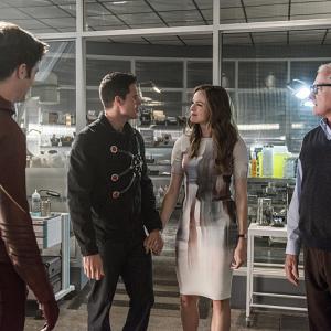 Still of Victor Garber Danielle Panabaker Robbie Amell and Grant Gustin in The Flash 2014