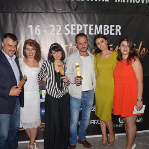The winners of the festival of Mitrovica, Ilir Jacellari, Yana Titova and Xhelal Haliti with the staff of Bridge Film Fest, Neri Ferizi, Blerta Ferizi and Lena Gashi