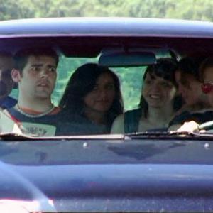 Veronica del Cerro, James Watson, Barrett Benica, Rosanna Haddad, Eleanor Keyser, Marielle Proia, and Chad Ridgely fill the Deathmobile in this scene from Dead End.