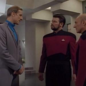 Still of James Cromwell Jonathan Frakes and Patrick Stewart in Star Trek The Next Generation 1987