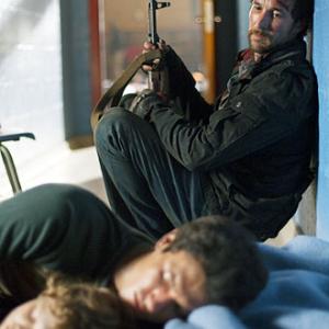 Noah Wyle Drew Roy and Maxim Knight on Falling Skies set