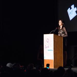 Eftehea Meli gives the introductory speech for Orpheus Award Winner Evan Spiliotopoulos at the 2015 Los Angeles Greek Film Festival