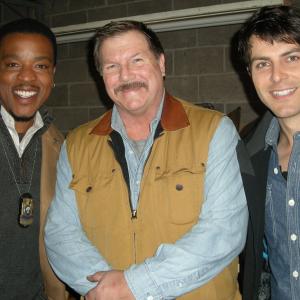 Daniel Knight (center) on the set of NBC's GRIMM with Russell Hornsby (left) and David Giuntoli (right)