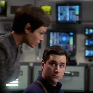 Evan as Ensign Tanner taking orders from Jolene Blalock as TPol on the bridge of the Enterprise