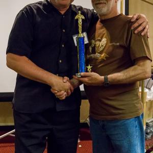 Award for scifi microshort Over My Dead Body at the Indie Gathering Hudson OH 2013 With festival organizer Ray Szuch