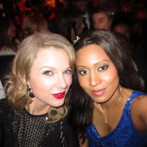 Vaja  Taylor Swift at the Weinstein Golden Globes After Party Dress Sue Wong  Purse Madeline Beth  Makeup Cover FX
