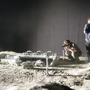 Blocking out framings for shots of the 112th scale Sarang base during the model miniature shoot for Moon 2009