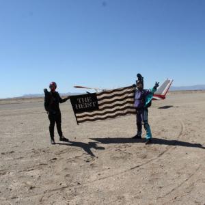 Ryan Sanson, Macklemore's Stunt Double, and cinematographer, Tod Hendricks on location for the Can't Hold Us music video for Macklemore and Ryan Lewis. Salton Sea, California.