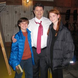 Griffin Cleveland with Sean Astin and Annie Thurman on the set of Hallmark Channels The Santa Switch