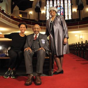 Dabney and Amelia Montgomery with Monika Watkins at AME Zion Church in Harlem, NY. 2015. Location shoot: From Selma to New York