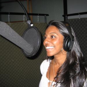 Sharon Muthu in the Voiceover Booth at Marc Graue Studios Burbank CA