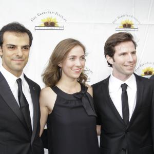 Russell Bailey, Ines Familiar, and Alan Vidali on the red carpet for the premiere of BARMY at the Feel Good Film Festival.