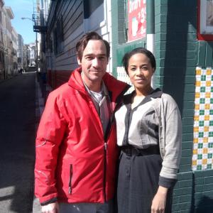 Veronica Loud with Jean-Marc Barr on location for the feature film, 