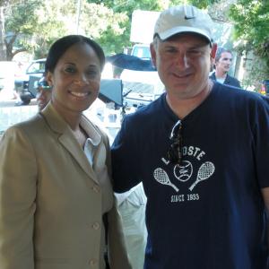 Veronica Loud as Child Protection Services Officer with supervising producer Greg Klein on location for the Fox television series AMERICAS MOST WANTED