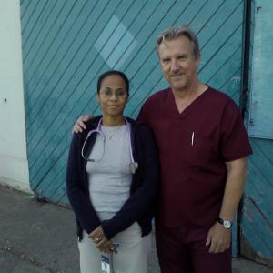 Veronica Loud (as E.R. Nurse Cynthia Ubick) with Jamey Sheridan (as Chief of Staff Dr. Joseph Saviano) on the set of NBC's television series 