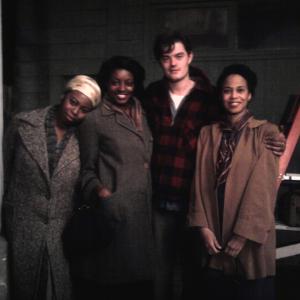 R to L: Veronica Loud (as Dinah Luke) with Sam Riley (as Sal Paradise), LaFonda Baker (as Dorothy Banks), and Omoze Idehernre on the set of 