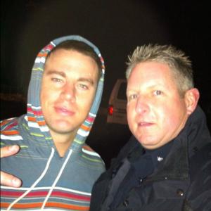David Dale McCue and Channing Tatum on the set of Foxcatcher